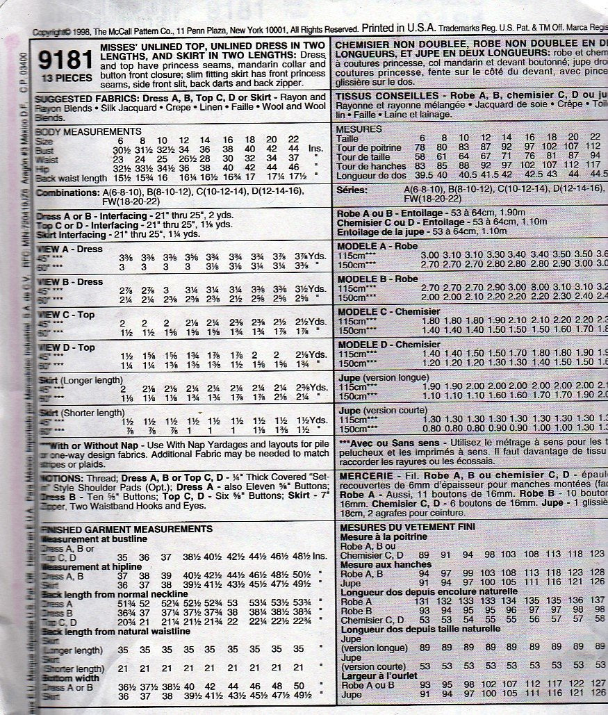 McCall's 9181 Pattern Misses Unlined Top, Unlined Dress in Two Lengths and Two Length Skirt; Size C 10-12-14