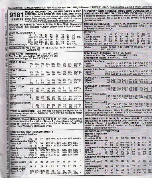 McCall's 9181 Pattern Misses Unlined Top, Unlined Dress in Two Lengths and Two Length Skirt; Size C 10-12-14