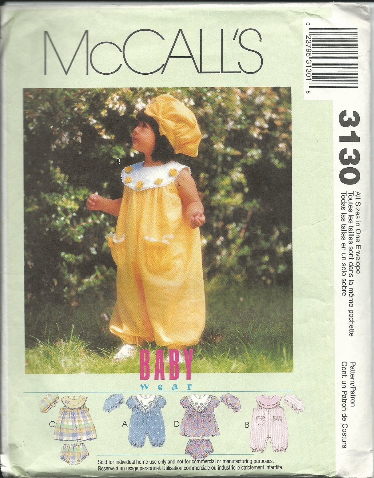 McCall's Pattern 3130 ~ Infants' Romper with Snap Crotch or Dress, Panties and Hat, 13-24 Lbs.