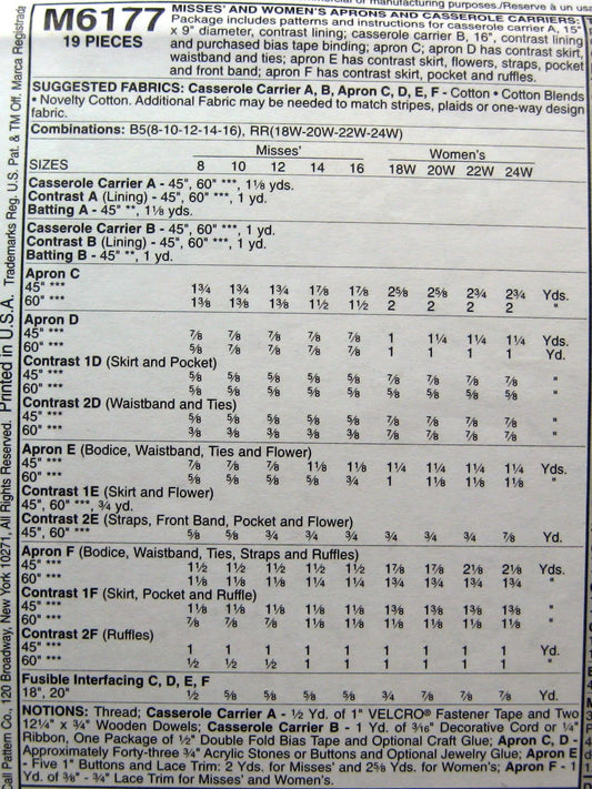 McCall's Patterns M6177 Misses'/Women's Aprons and Casserole Carriers