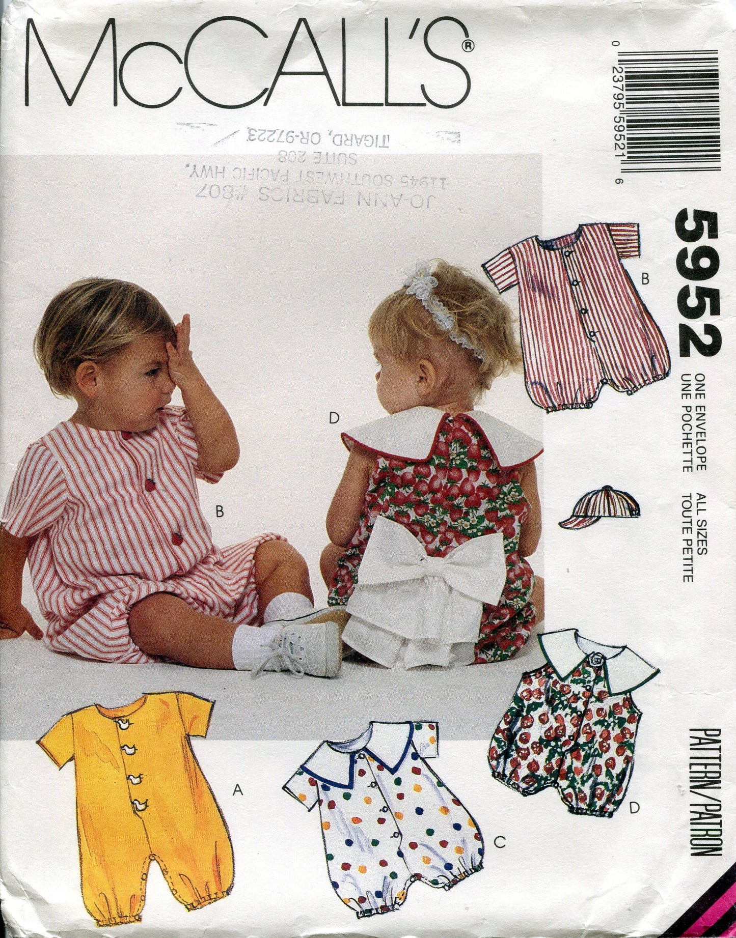 McCall's Pattern 5952 Infants' Jumpsuit or Romper and Hat, Size S-XL (13-24 Lbs)
