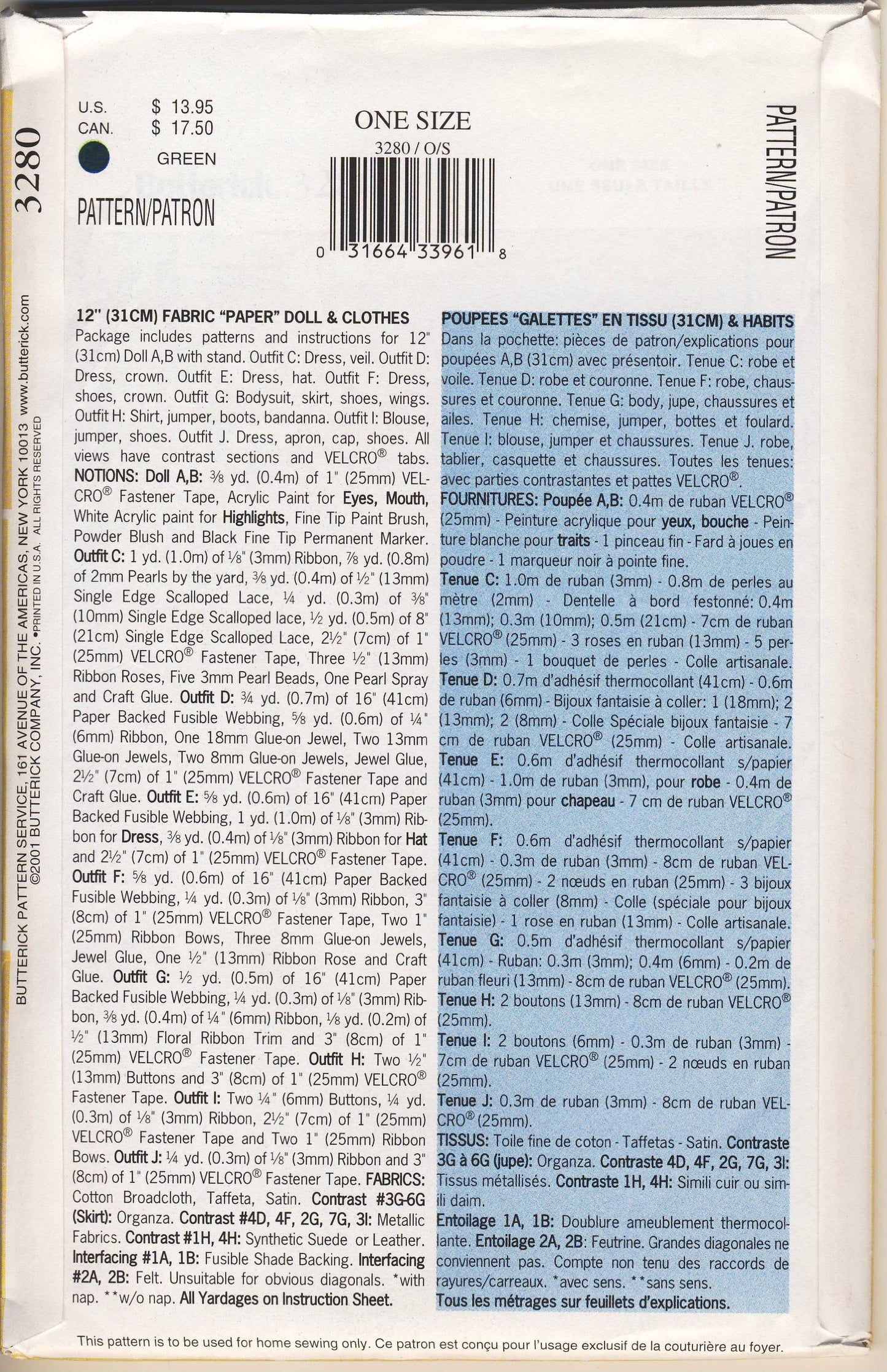 Butterick Sewing Pattern 3280 12" Fabric "Paper" Doll and Clothes