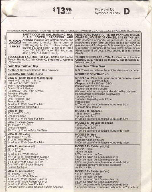 McCall's 3422 Sewing Pattern, Santa Door or Wallhanging, Hat, Chair Cover, Stocking and Apron, One Size