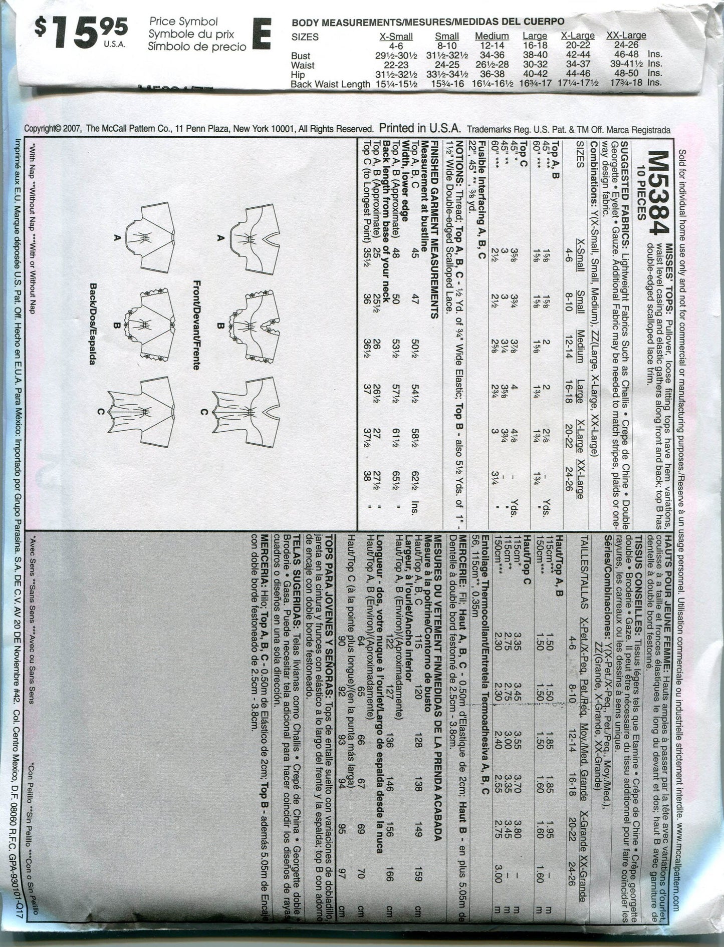 McCall's 5384 Sewing Pattern Misses Breezy Tops 16-26