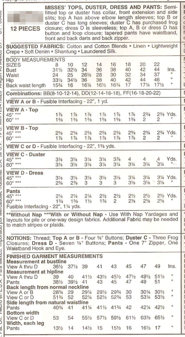 Misses Tops, Duster, Dress And Pants McCall's Sewing Pattern 4078 (Size: DD 12-14-16-18)