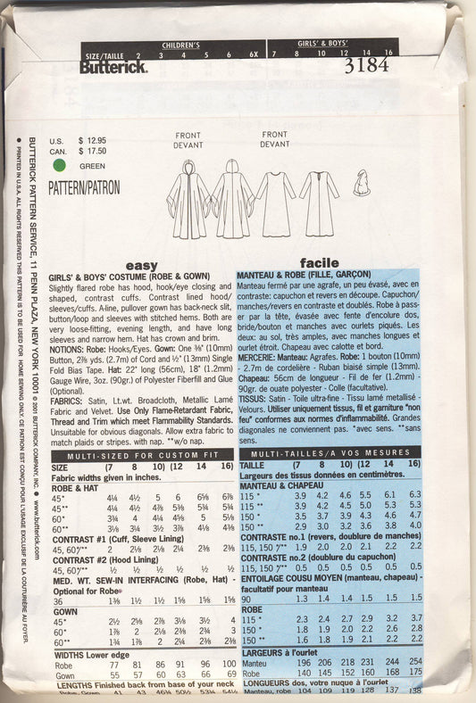 HARRY POTTER Butterick #3184 Wizard Costume Size 7-10