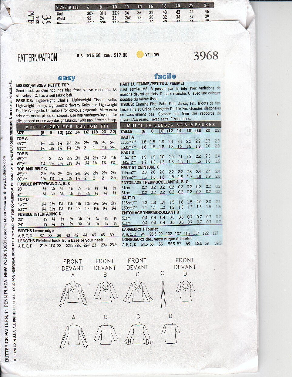 MISSES MISSES PETITE TOP SIZES 12-14-16 BUTTERICK PATTERN 3968 RATED EASY TO SEW