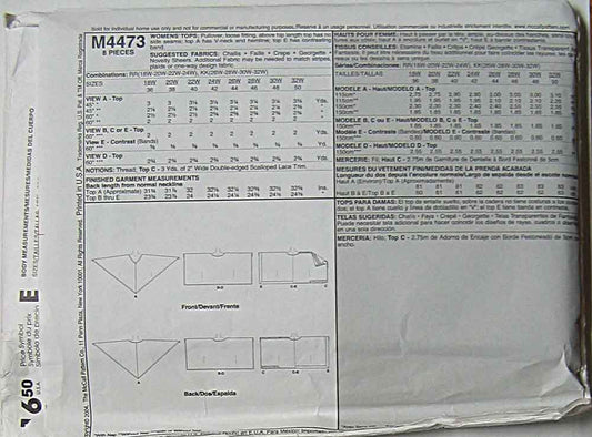 McCalls SEWING PATTERN M4473 or 4473. Womens Plus Szs 18W,20W,22W,24W Pullover Tops. Spring, Summer