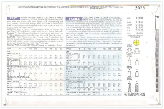 Butterick 3625 Dress Skirt Pants Pattern