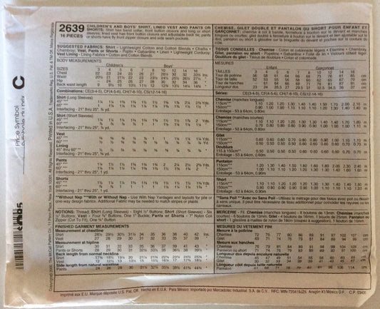 McCall's 2639 Sewing Pattern Boys Casual Dress up Shirt Vest Pants Shorts Size 3-4-5 Hi. Hi.
