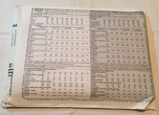 OOP McCall's Easy Endless Options Pattern M9222. Women's Plus Szs 28W; 30W; 32W Unlined Jacket; Dress; Top; Pants & Shorts