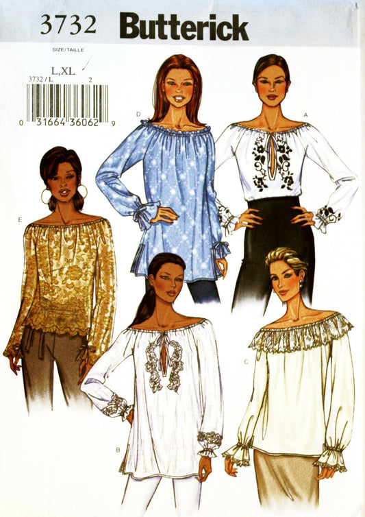OOP Butterick Pattern 3732. Misses Szs 18/20 & 22/24 Peasant Tops. Outstanding!