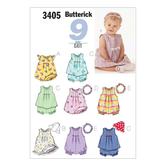 BUTTERICK PATTERNS B3405 Infants' Dress, Top, Romper, Panties, Hat & Headband, Size LRG (L-XL)