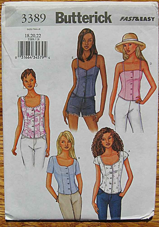 Butterick 3389 Sewing Pattern ~ Fast & Easy Misses' Corset Style Summer Tops, Camisole, Sizes 18-20-22