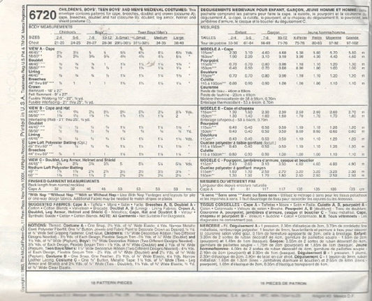 McCall's Pattern 6720 Children's Medieval Costumes - Size 7/8