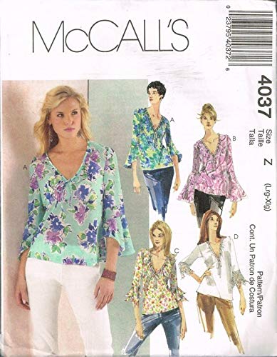 McCalls 4037 Blouse Pattern with Bell Sleeves"V" Neckline Size Z Lrg, XLG