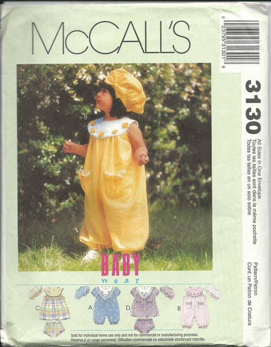 McCall's Pattern 3130 ~ Infants' Romper with Snap Crotch or Dress, Panties and Hat, 13-24 Lbs.