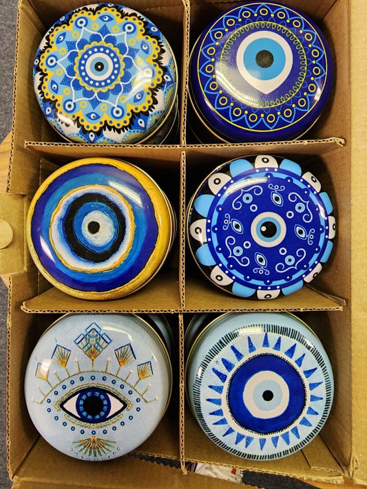 Green Apple Scented Evil Eye Candle Tin, Set of 6, 2 Oz Candles