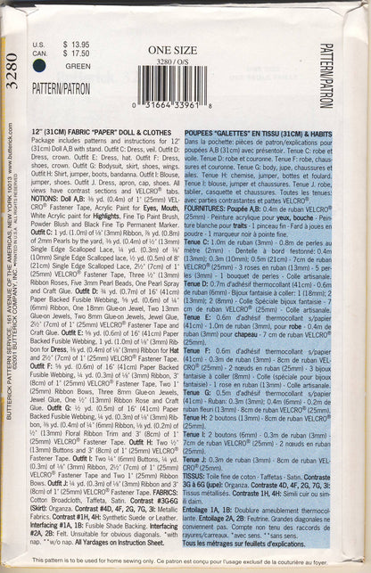 Butterick Sewing Pattern 3280 12" Fabric "Paper" Doll and Clothes