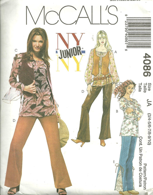 Junior's Tops, Lined Vest And Pants McCall's Sewing Pattern 4086 (Size JA: 3/4-5/6-7/8-9/10)
