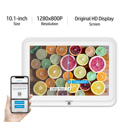 Digital Picture Frame, HP 10.1 inch WiFi Photo Frame, 1280x800 HD Display, 8GB Internal Storage, iPhone & Android App, Support Photo, Music, Calendar with Built-in Speakers - White