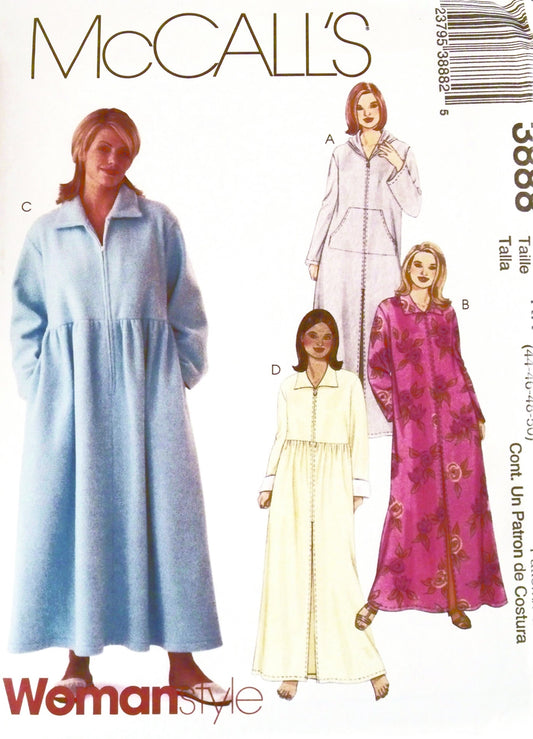 OOP McCalls Sewing Pattern 3888. Womens Plus Szs 26W, 28W, 30W, 32W Robe. Full Length, Front Zip.