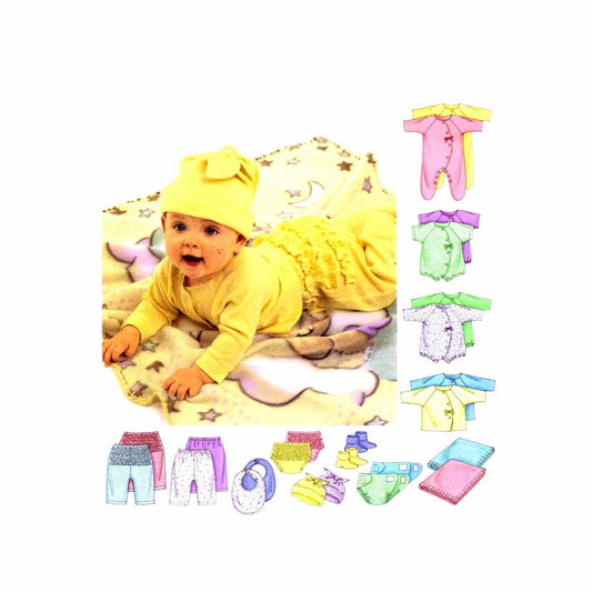 McCall's Pattern 3665. Baby Szs Nb; S; M; L, (Weight:8-21 Lb 8 Height:18-30") Coveralls; Top; Bodysuit; Pants; Diaper Cover; Blanket; Booties; Bib; & Hat