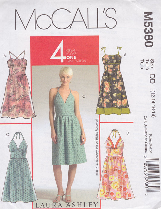McCALL'S #5380 -Misses' Laura Ashley,4 Looks in One-Halter Dress, Sizes 12-14-16-18