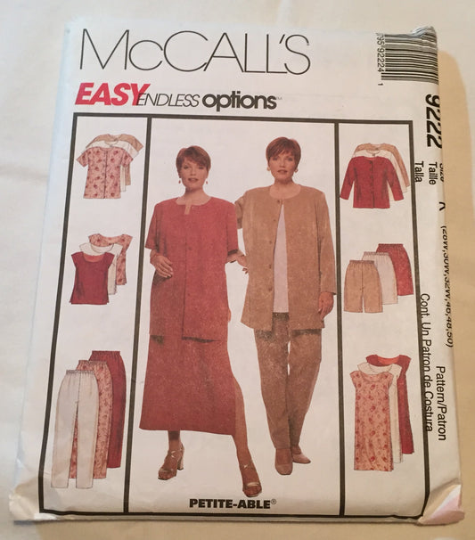 OOP McCall's Easy Endless Options Pattern M9222. Women's Plus Szs 28W; 30W; 32W Unlined Jacket; Dress; Top; Pants & Shorts