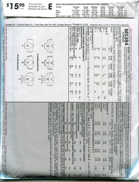 McCall's 5384 Sewing Pattern Misses Breezy Tops 16-26