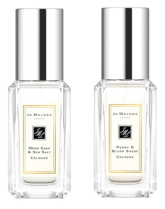 Jo Malone Wood Sage & Sea Salt, Peony & Blush suede duo. Mini Travel size .3oz / 9ml each.
