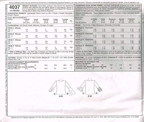 McCalls 4037 Blouse Pattern with Bell Sleeves"V" Neckline Size Z Lrg, XLG