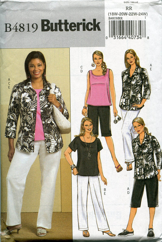 Butterick Sewing Pattern B4819 Size RR (18W-20W-22W-24W) Women's Shirt, Tops, Shorts and Pants