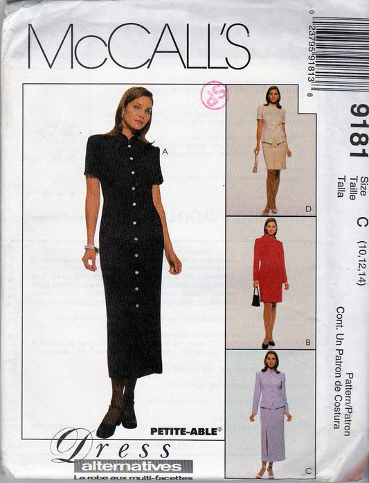 McCall's 9181 Pattern Misses Unlined Top, Unlined Dress in Two Lengths and Two Length Skirt; Size C 10-12-14