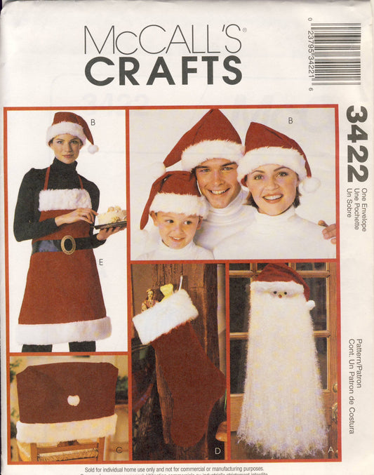 McCall's 3422 Sewing Pattern, Santa Door or Wallhanging, Hat, Chair Cover, Stocking and Apron, One Size