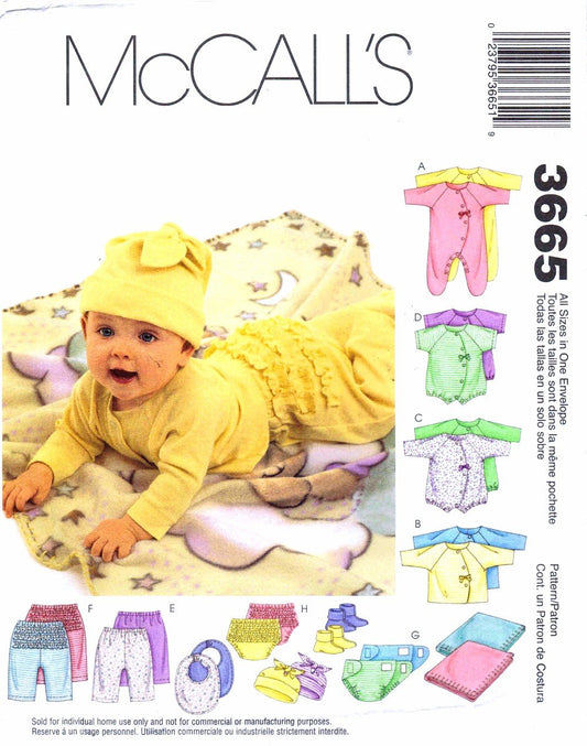 McCall's Pattern 3665. Baby Szs Nb; S; M; L, (Weight:8-21 Lb 8 Height:18-30") Coveralls; Top; Bodysuit; Pants; Diaper Cover; Blanket; Booties; Bib; & Hat