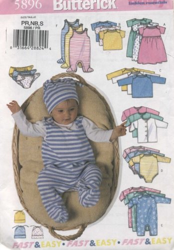 BUTTERICK PATTERN 5896 INFANTS JACKET , DRESS, TOP, ROMPER, DIAPER COVER & HAT SIZE PR, NB, S