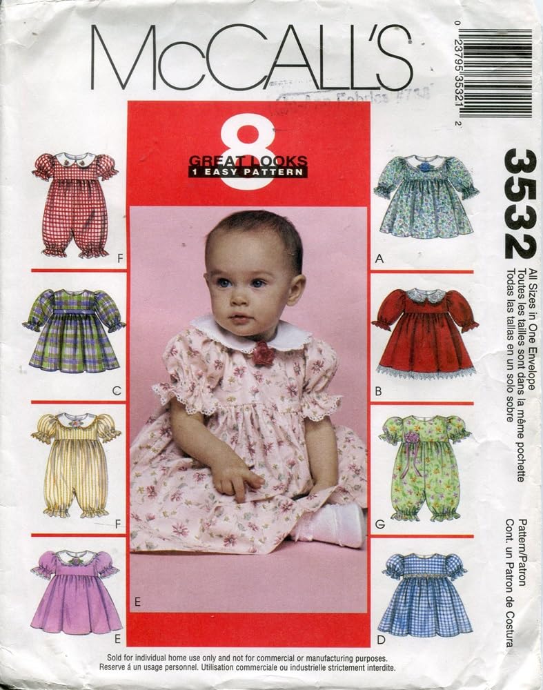 McCall's 3532 Sewing Pattern, Infants' Dress or Rompers with Snap Crotch and Panties