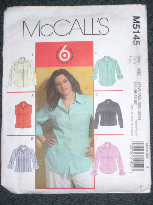 McCall's 5145 Women's Petite Shirt or Blouse in Two Lengths Sewing Pattern Size KK (26W-32W)
