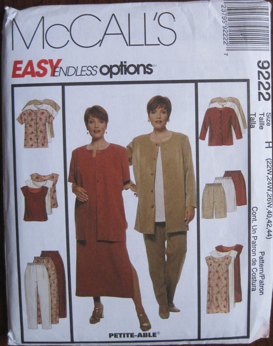 MCCALLS PATTERN 9222 WOMEN'S UNLINED JACKET, DRESS, TOP, PANTS AND SHORTS SIZE H 22W-26W 40, 42, 44