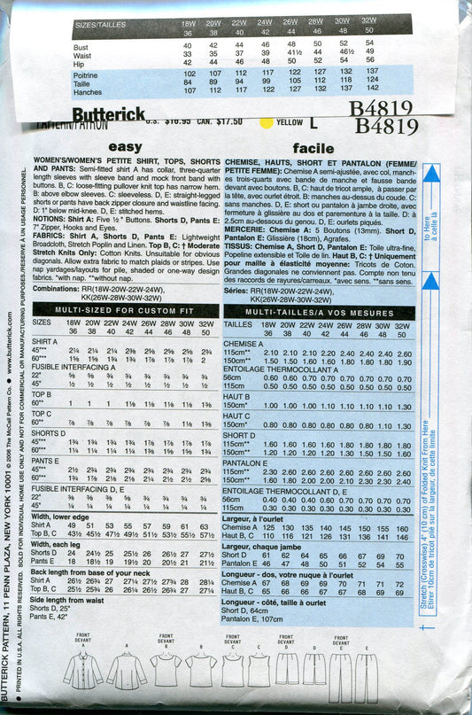 Butterick Sewing Pattern B4819 Size RR (18W-20W-22W-24W) Women's Shirt, Tops, Shorts and Pants