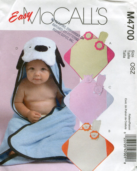 Easy McCall's Pattern M4700 ~ Infants' Hooded Towels and Burp Pads